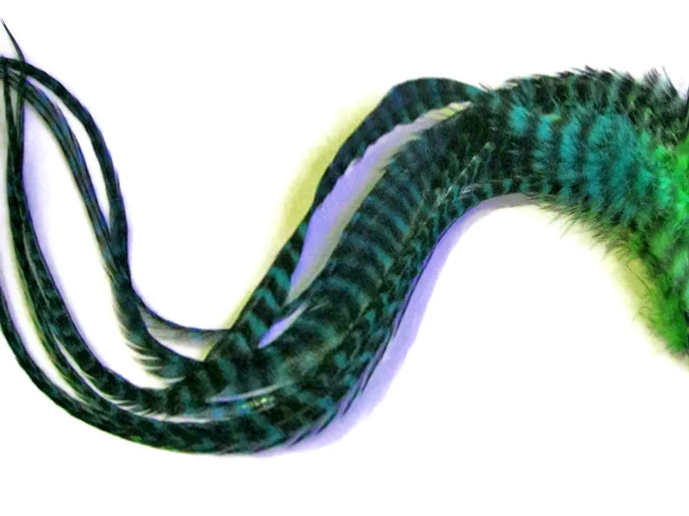 Iridescent teal and green patterned craft feathers for DIY fashion and decor.