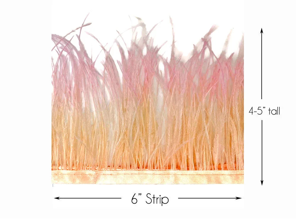 6-inch gradient pink and peach feather trim strip, 4-5 inches tall for DIY crafts and fashion.