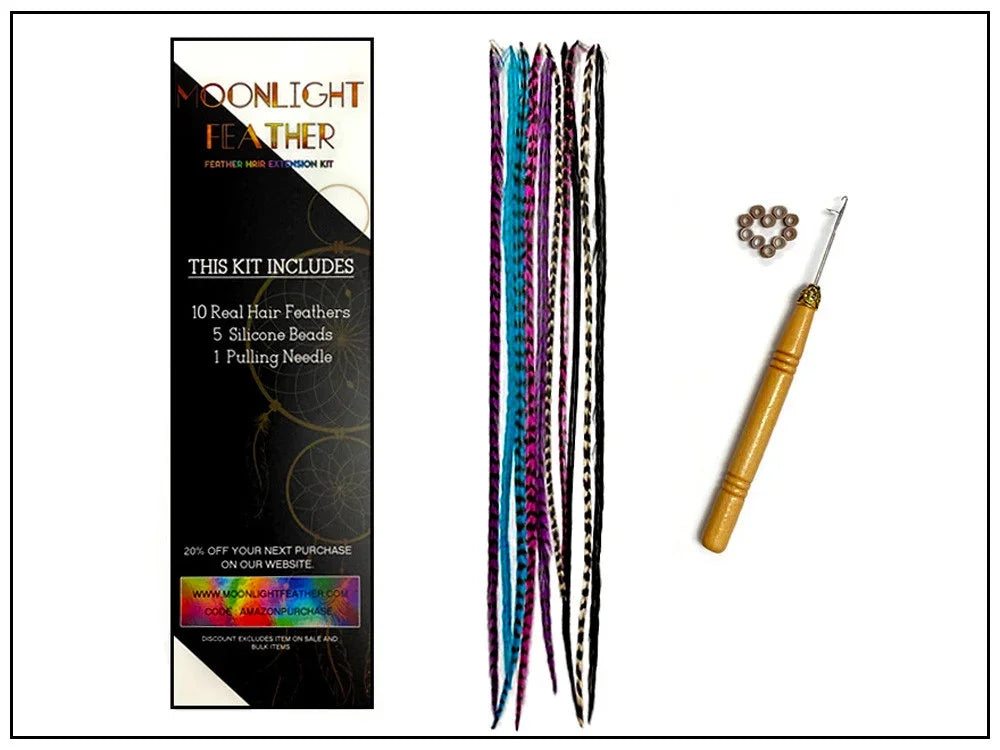Feather hair extension kit with colorful real hair feathers, silicone beads, and pulling needle.