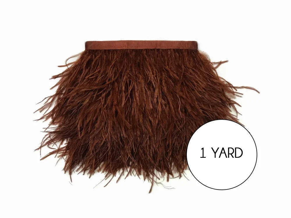 One yard of brown ostrich feather trim for fashion and DIY crafts.