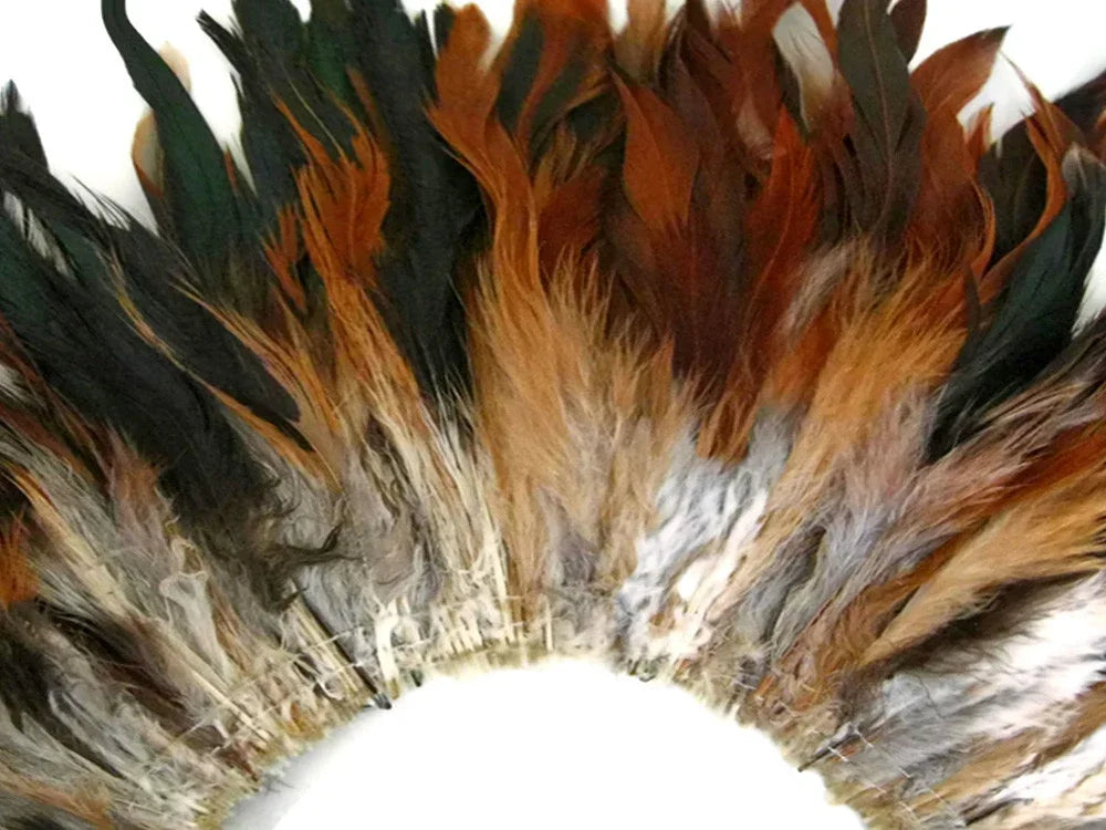 Natural brown, black, and white feathers arranged in a decorative fan shape for crafts.
