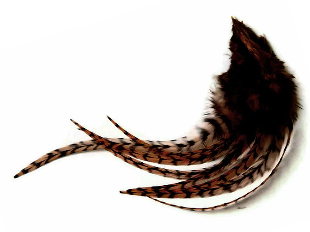 Brown and tan patterned decorative feathers for DIY crafts and fashion accessories.