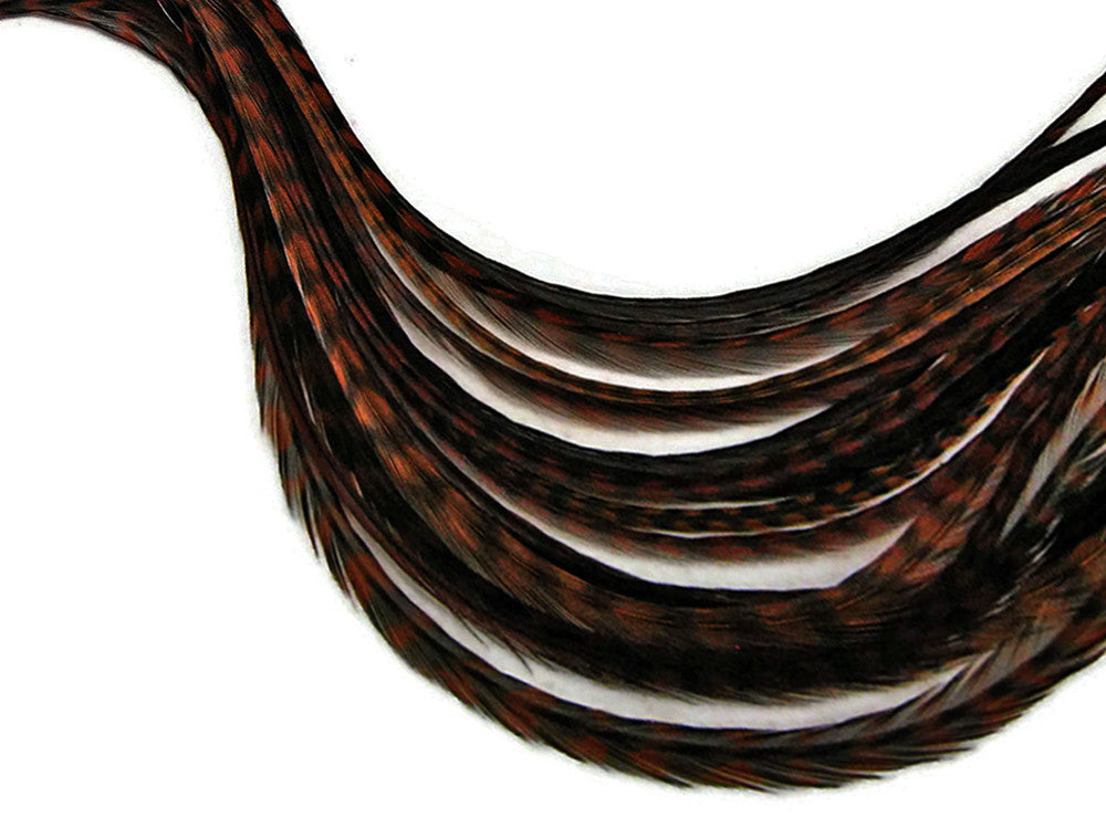 6 Pieces - XL Brown Grizzly Thin Whiting Farm Rooster Hair Extension Feathers 11” and Up