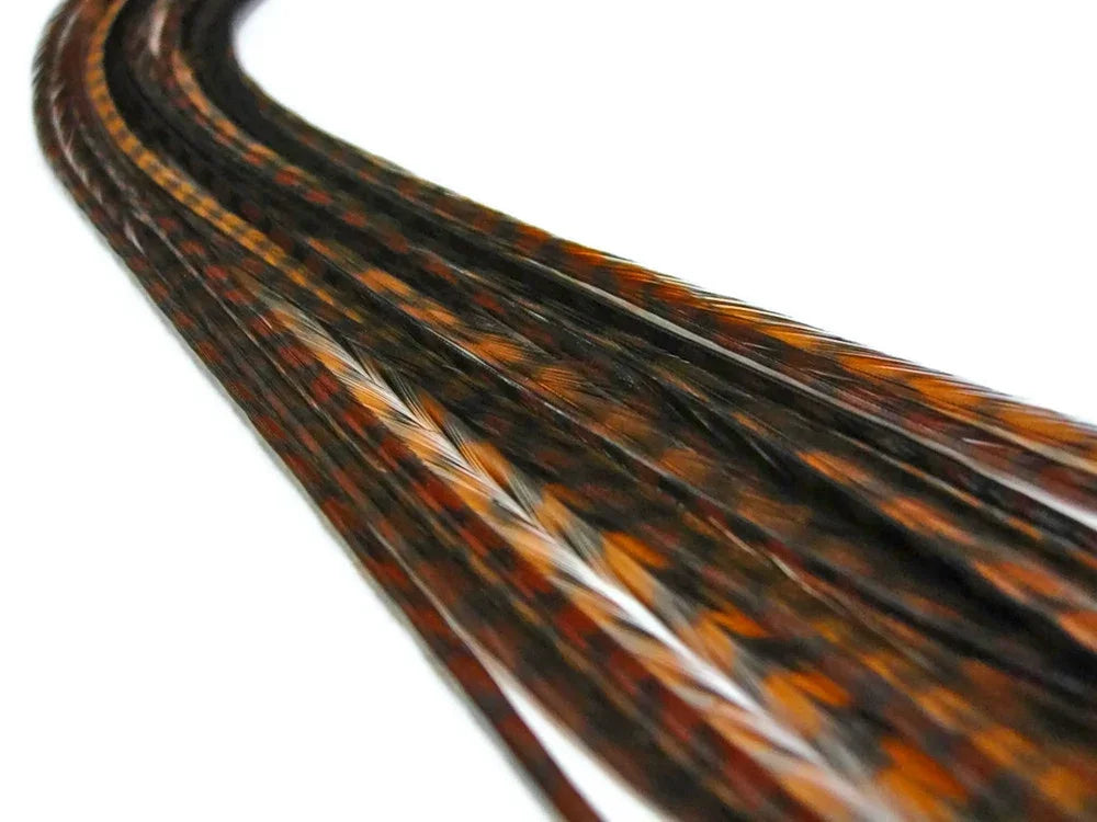 Brown and black patterned craft feathers for DIY fashion and decor.