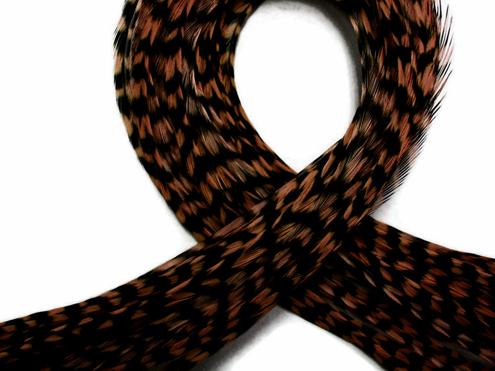 6 Pieces - XL Brown Grizzly Thin Whiting Farm Rooster Hair Extension Feathers 11” and Up