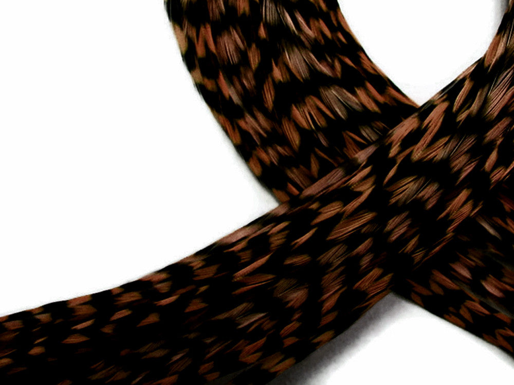 6 Pieces - XL Brown Grizzly Thin Whiting Farm Rooster Hair Extension Feathers 11” and Up