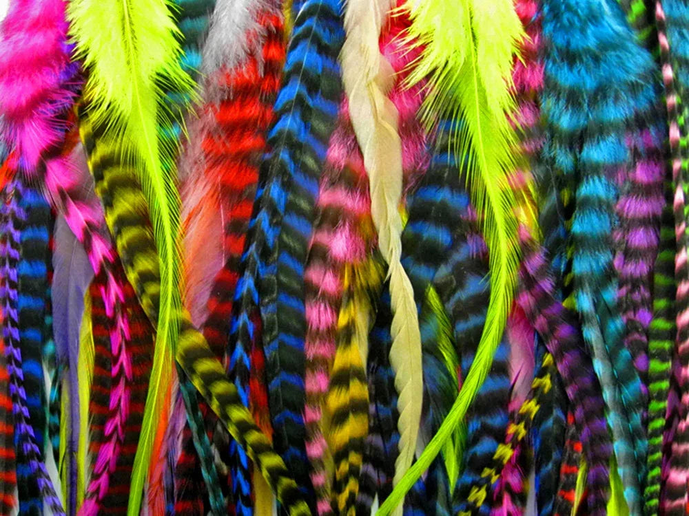 Vibrant assortment of colorful dyed feathers for DIY crafts and fashion decor.