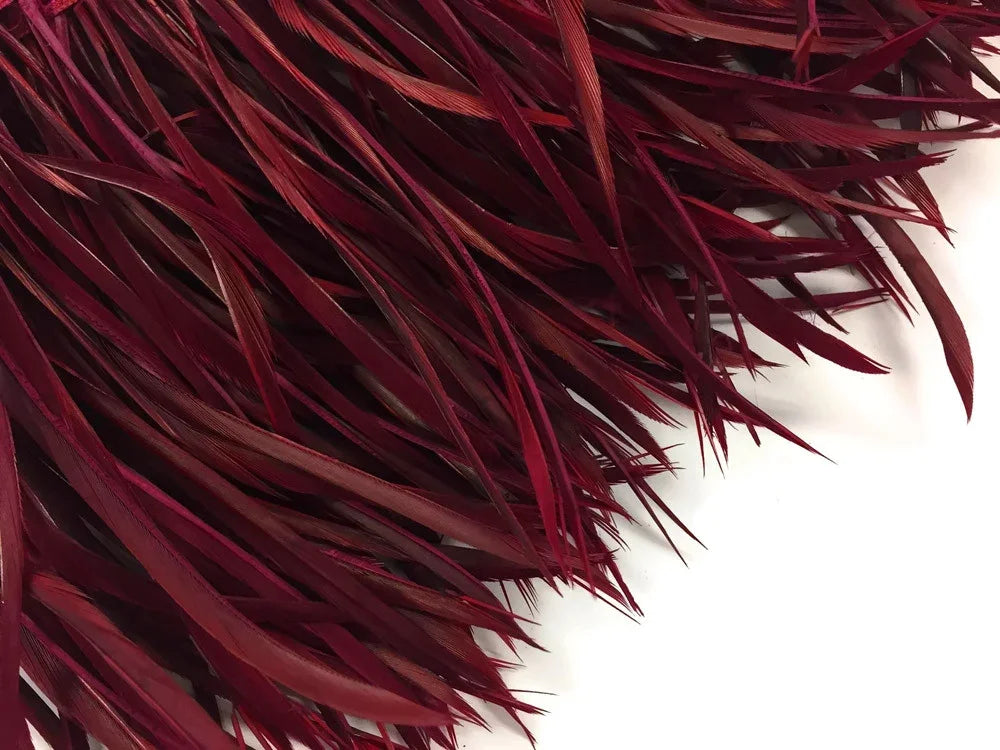 Vibrant burgundy red feathers for fashion and DIY crafts on a white background.
