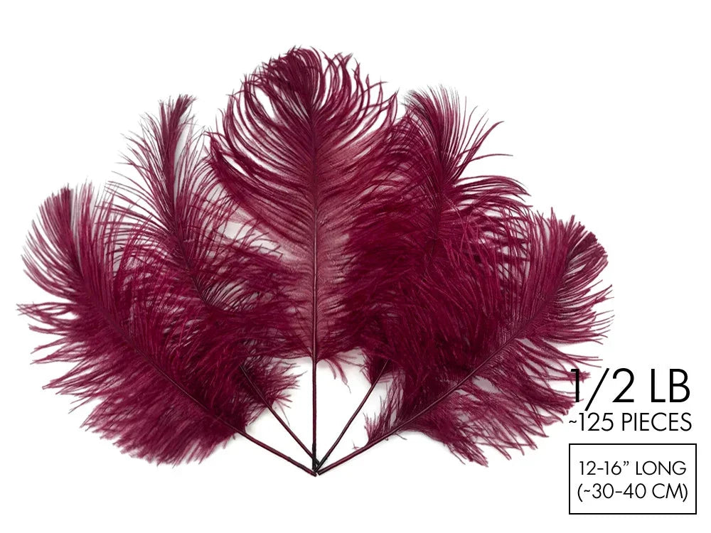 Deep burgundy ostrich feathers for crafts and fashion decor, 12-16 inches long.