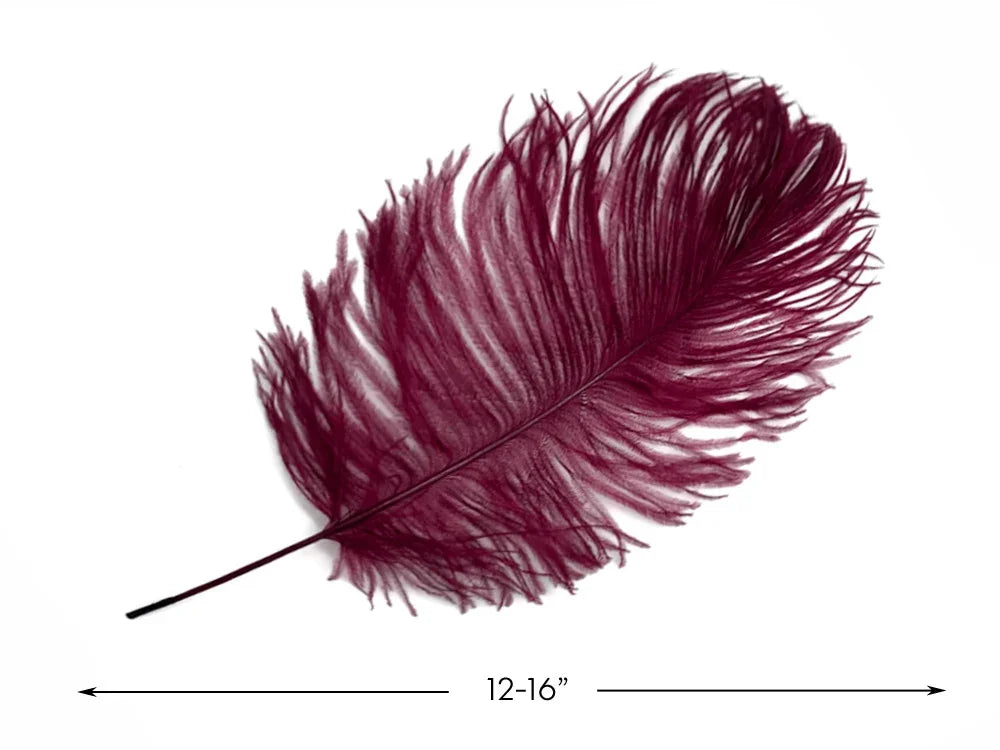 Large burgundy feather for crafts and fashion decor, 12-16 inches long.