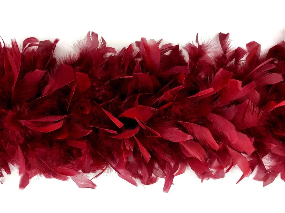 Vibrant deep red feather boa for fashion, crafts, and costume accessories.