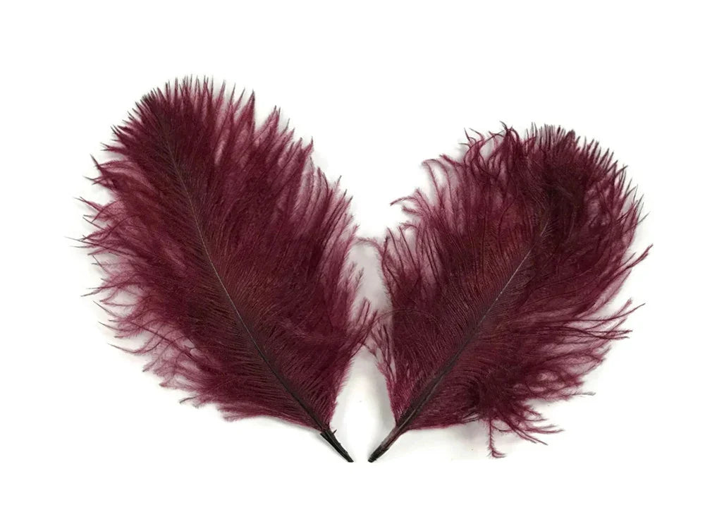 Two burgundy ostrich feathers for DIY crafts and fashion decor on a white background.