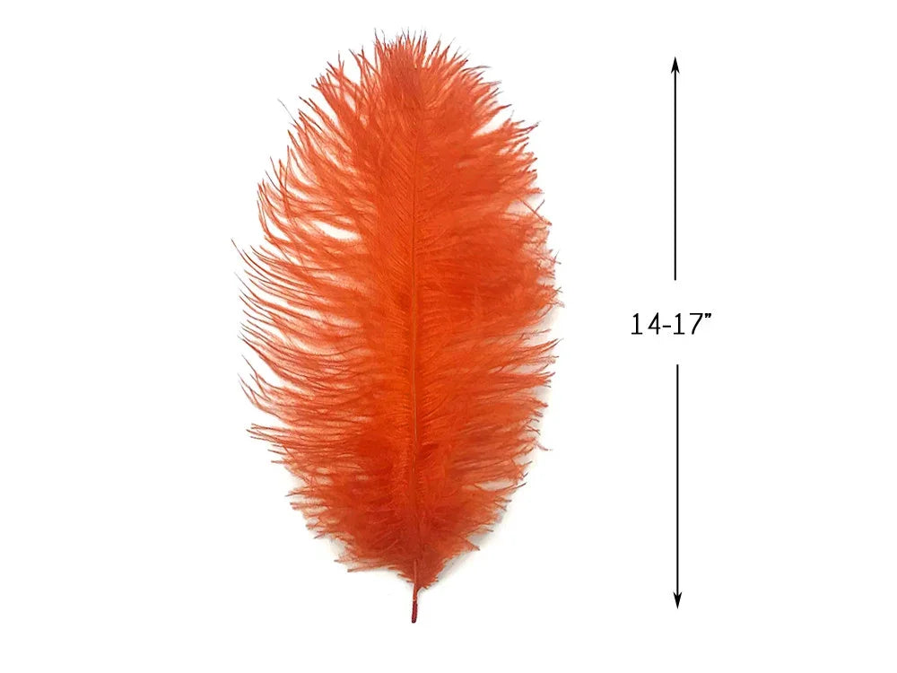 Large orange ostrich feather for crafts and fashion, 14-17 inches long.