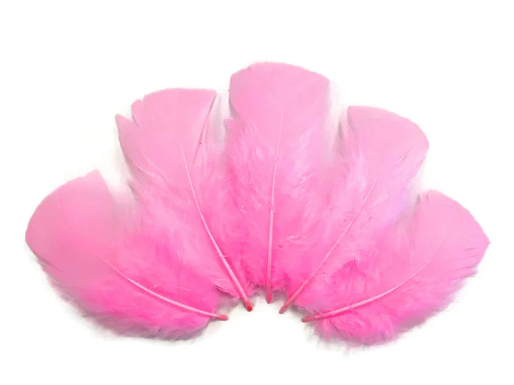 Five vibrant pink craft feathers arranged in a fan shape on a white background.