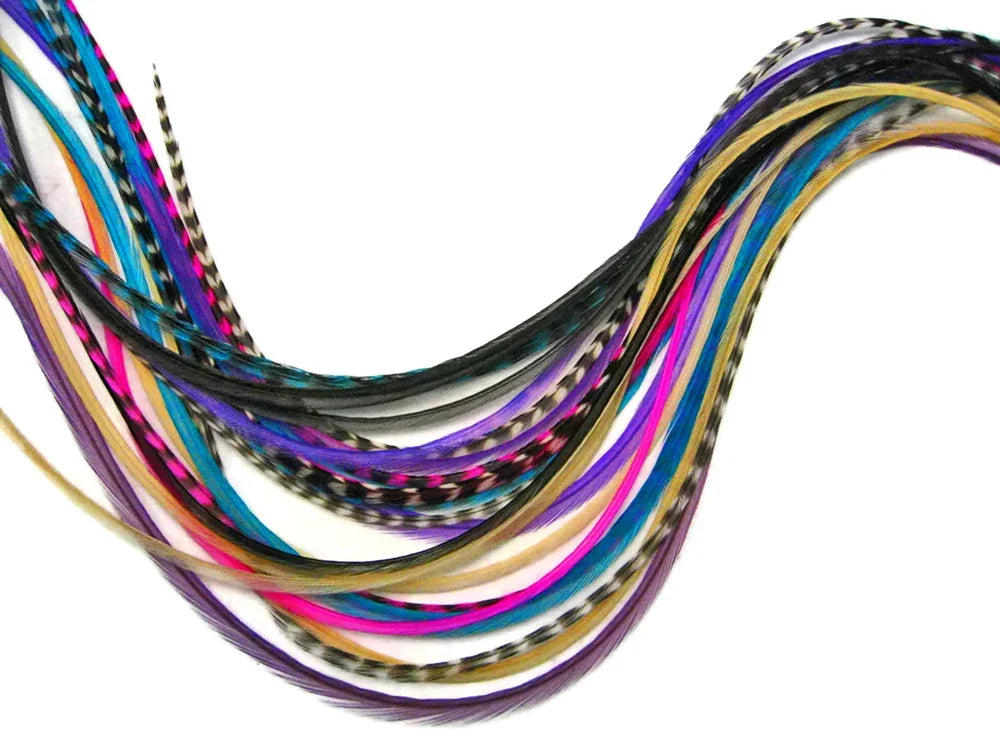 12 Strands - Candy Mix Thin Long Grizzly Whiting Farm Rooster Salon Hair Extension Feathers