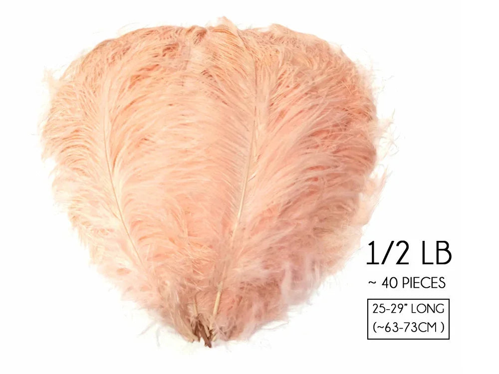 Peach ostrich feathers for crafts and decor, 1/2 lb pack of 40 pieces, 25-29 inches long.