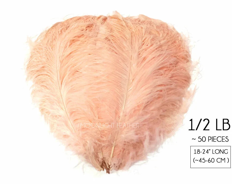 Peach ostrich feathers for crafts and decor, 1/2 lb pack of approximately 50 pieces.