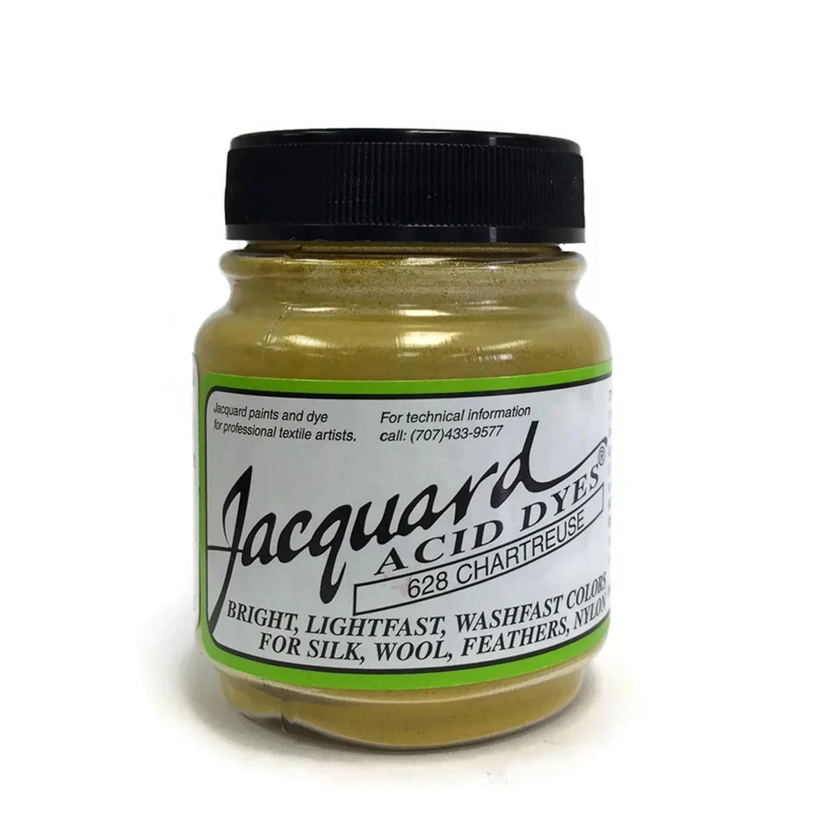 Jacquard Acid Dyes in Chartreuse color for silk, wool, and feathers.