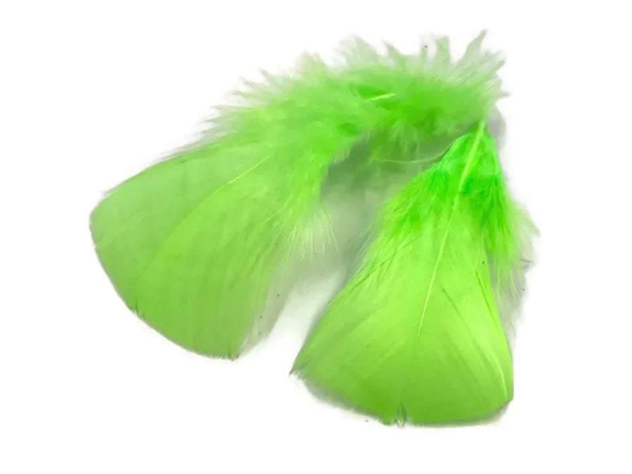 Two vibrant neon green craft feathers for DIY fashion and decor.