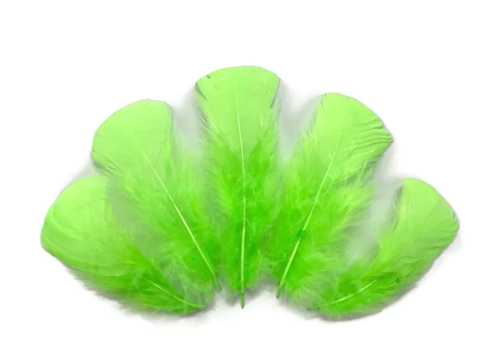 Vibrant lime green craft feathers arranged in a fan shape on a white background.