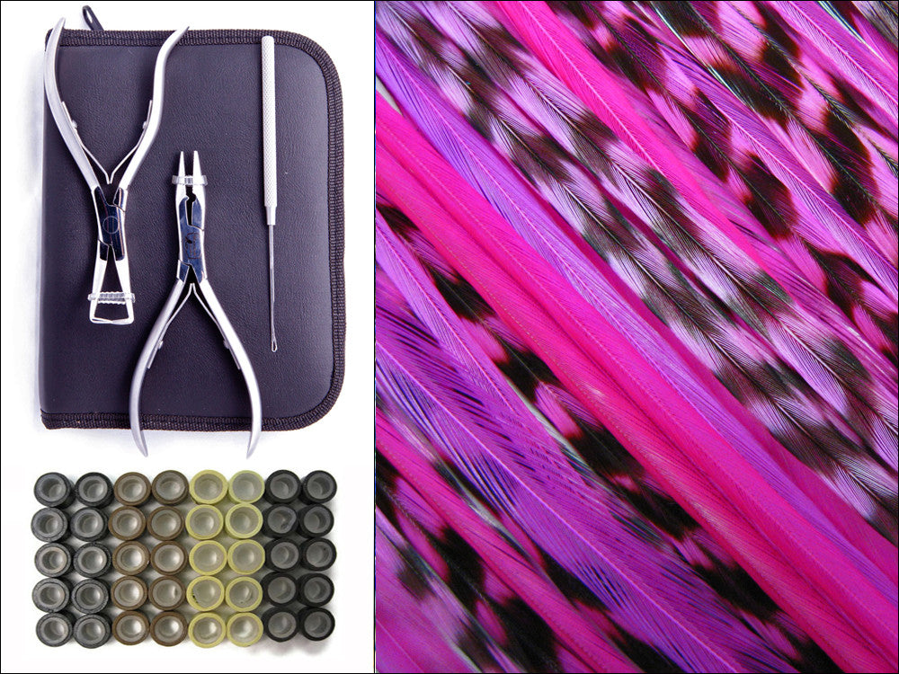 Cherry Duo Pack - Hair Extension Whiting Farm Feather Stainless Tool Kit & Silicone Beads