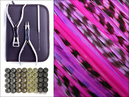 Cherry Duo Pack - Hair Extension Whiting Farm Feather Stainless Tool Kit & Silicone Beads