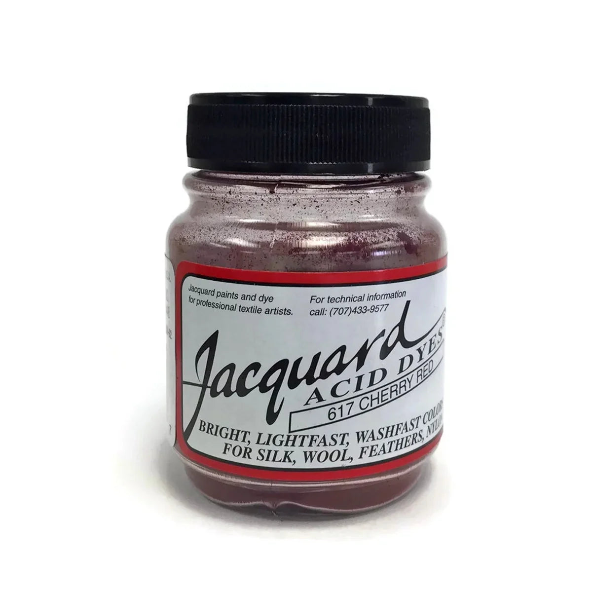 Jacquard 617 Cherry Red acid dye jar for silk, wool, and feathers.