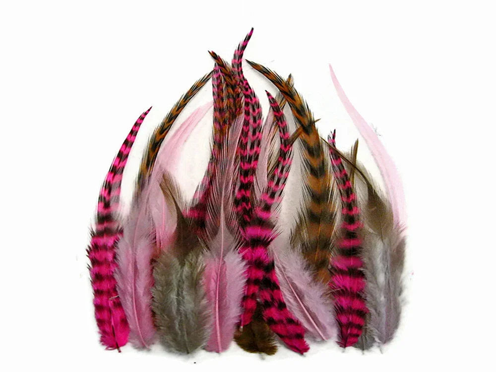 Assorted pink, brown, and patterned craft feathers for DIY fashion and decor.