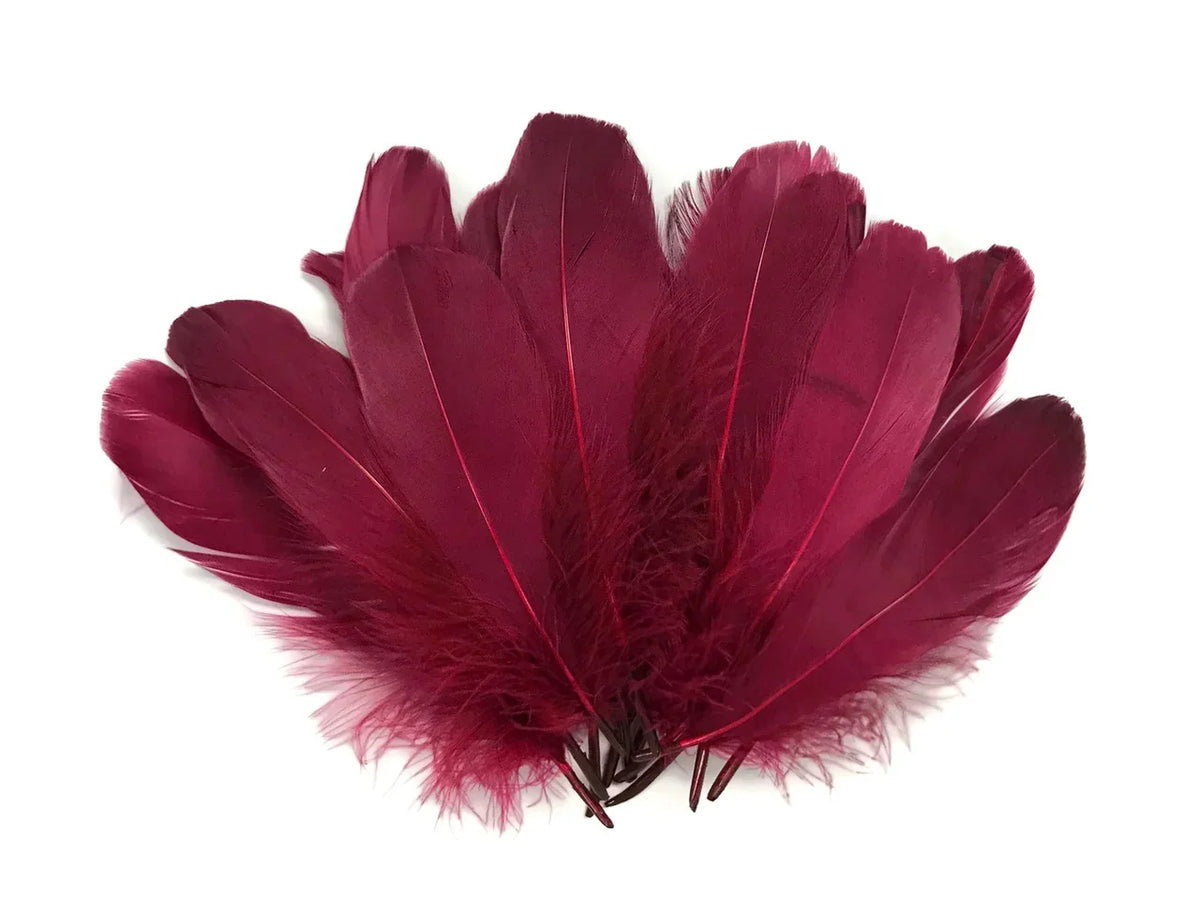 Vibrant burgundy dyed feathers for DIY crafts and fashion accessories.
