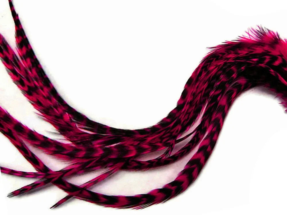 Vibrant magenta and black patterned craft feathers for DIY fashion and decor.