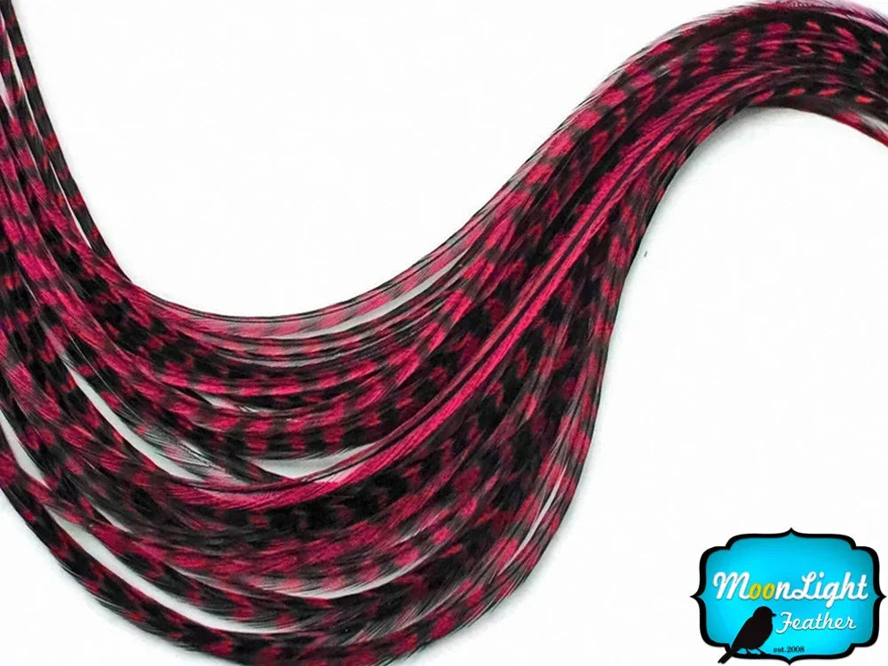 Long, thin red and black patterned feathers for crafts and fashion DIY supplies.