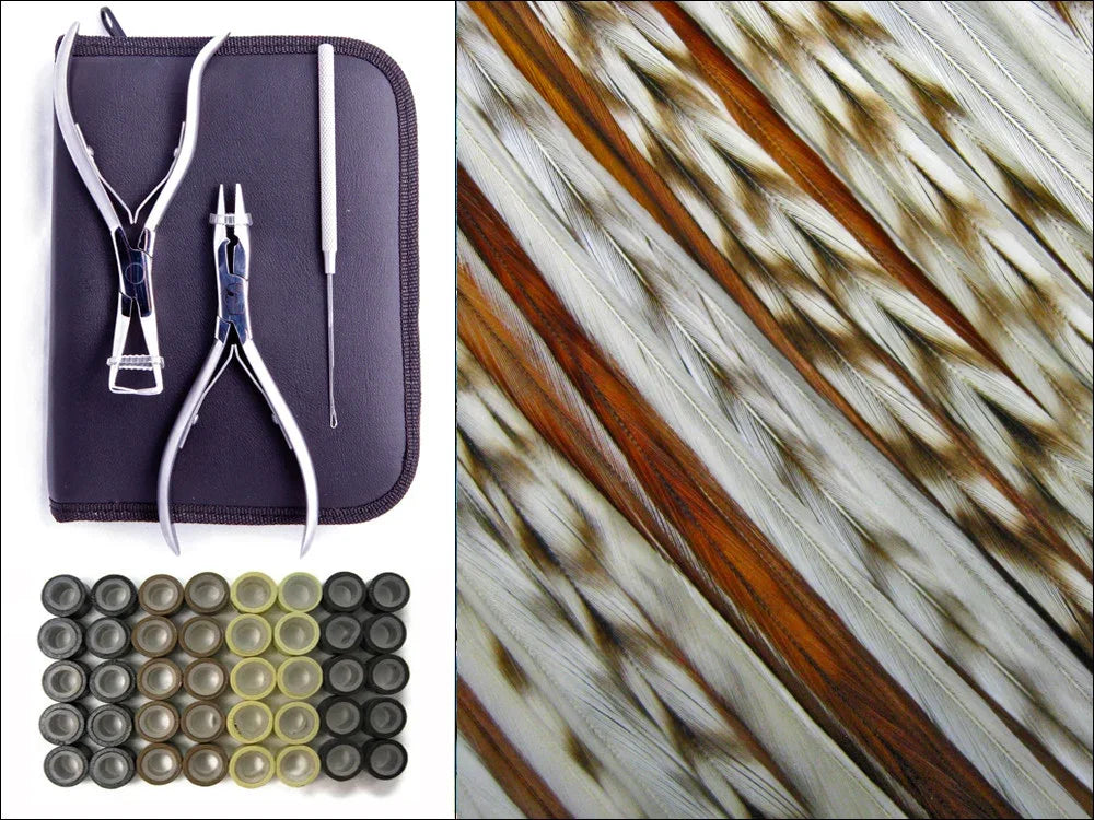 Feather craft tools including pliers, a needle tool, and small bead components with patterned feathers.