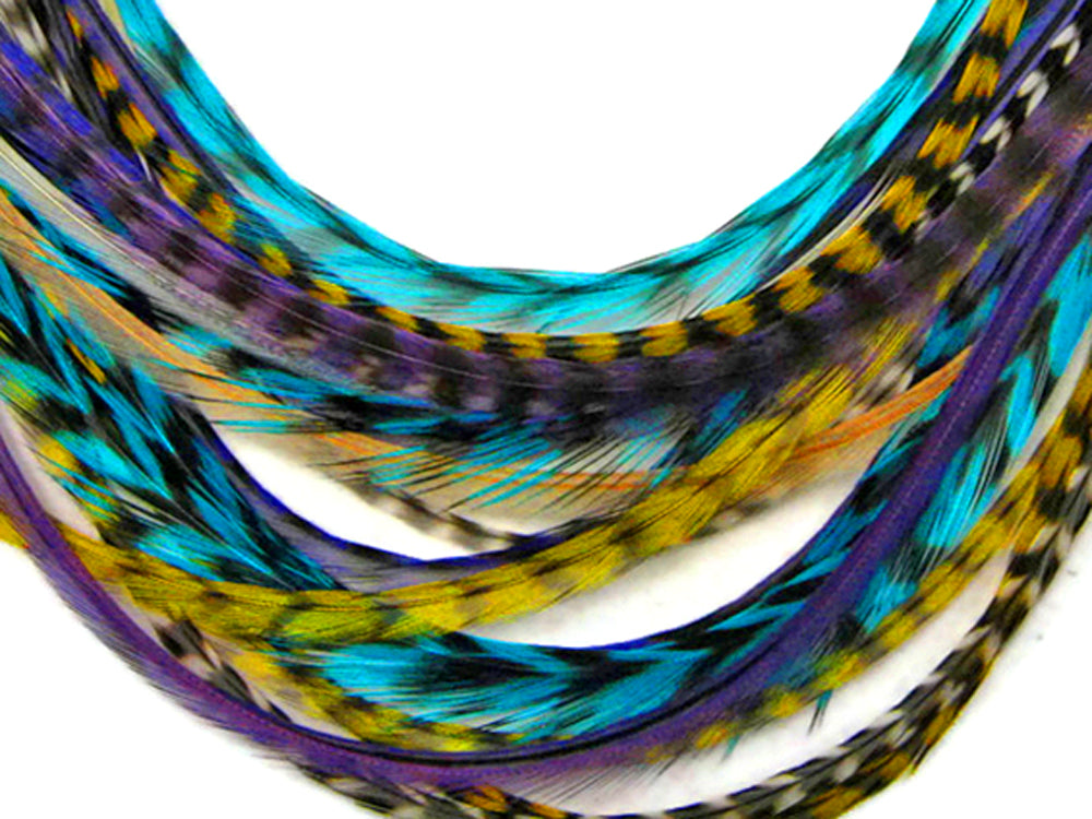 12 Strands - Cool Mix Thin Long Grizzly Whiting Farm Rooster Salon Hair Extension Feathers