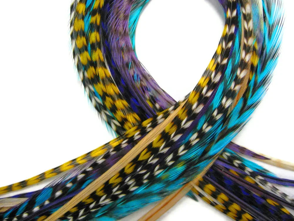 Vibrant blue, purple, and patterned yellow feathers for DIY crafts and fashion decor.