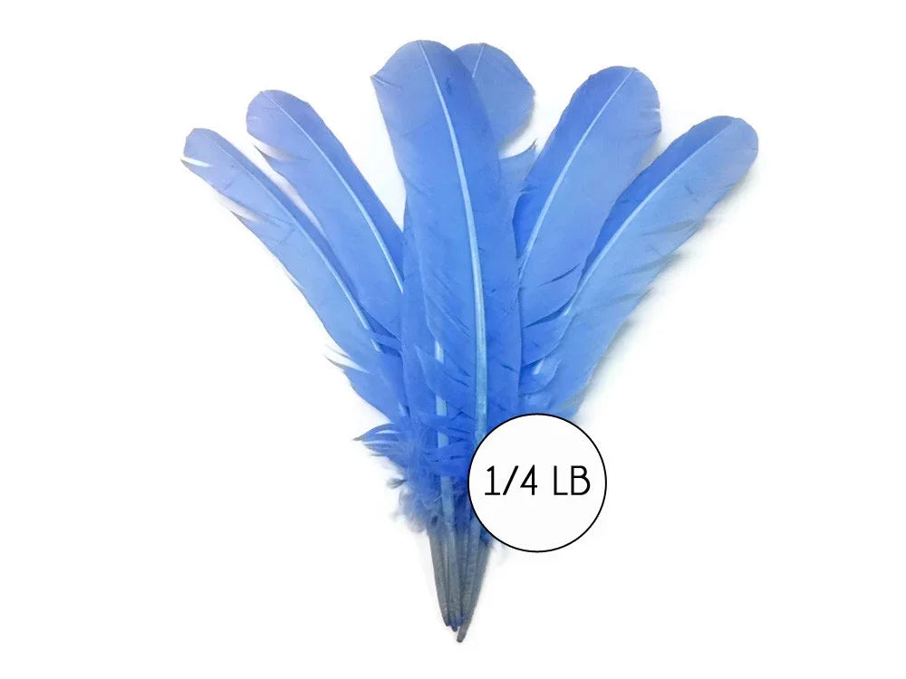 Bundle of vibrant blue craft feathers for DIY fashion and decor, 1/4 lb weight.