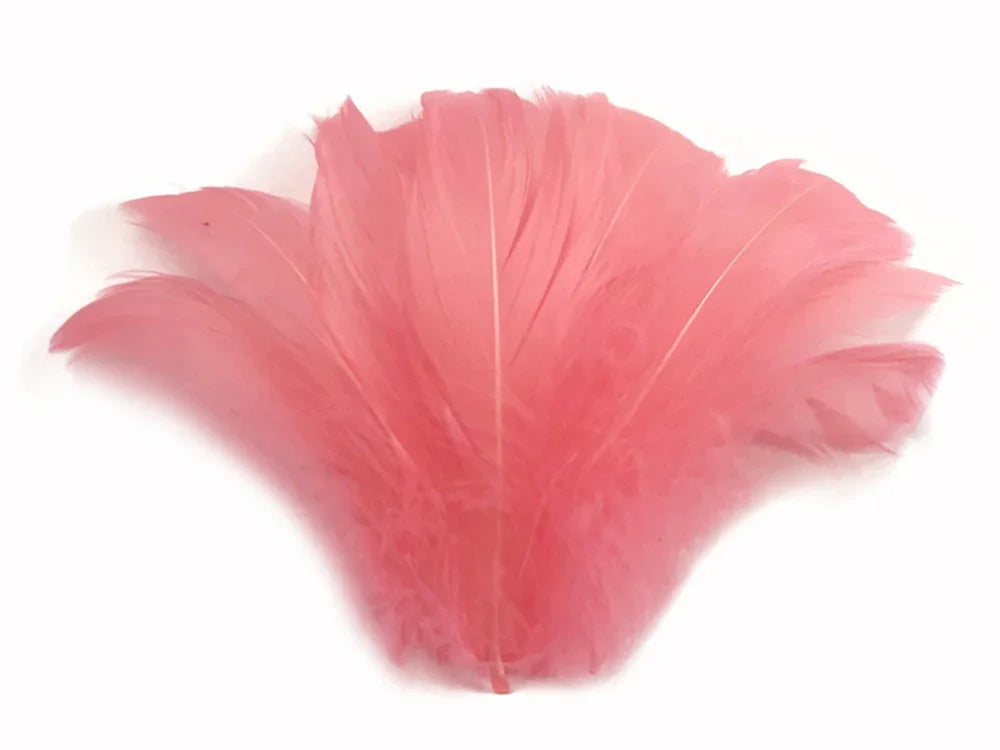 Soft pink decorative feathers for crafts and fashion DIY supplies on a white background.