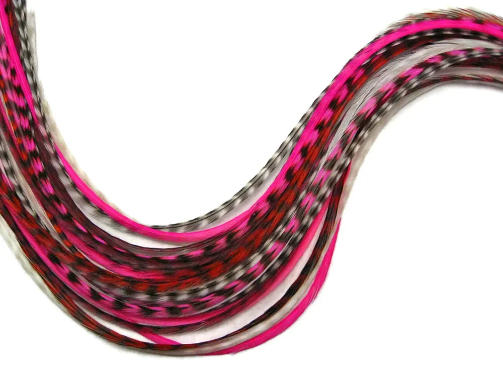 12 Strands - Cupid Mix Thin Long Grizzly Whiting Farm Rooster Hair Extension Feathers