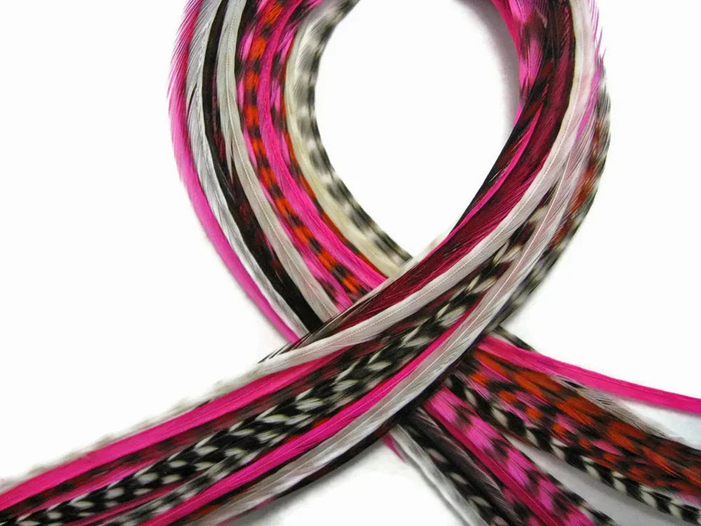 Vibrant pink, black, and white patterned craft feathers arranged in a decorative loop.