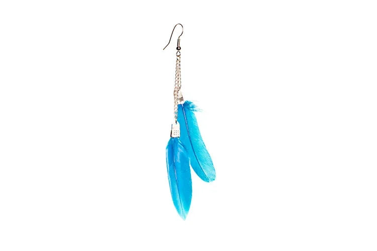 Elegant bright blue feather dangle earrings with silver chain hooks.