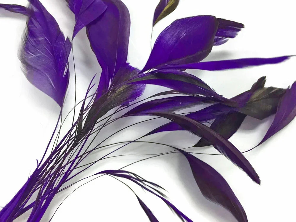 Vibrant purple craft feathers arranged on a white background