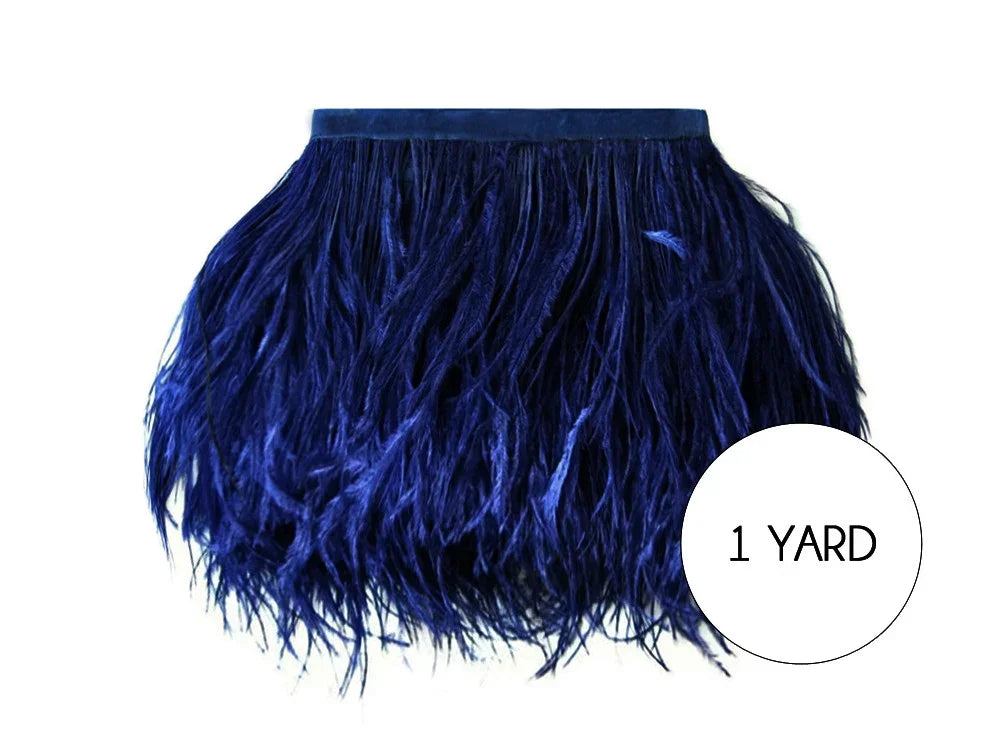 One yard of vibrant royal blue feather trim for fashion and DIY crafts.