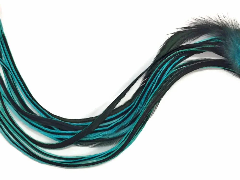 Long black and teal dyed feathers for DIY crafts and fashion accessories.