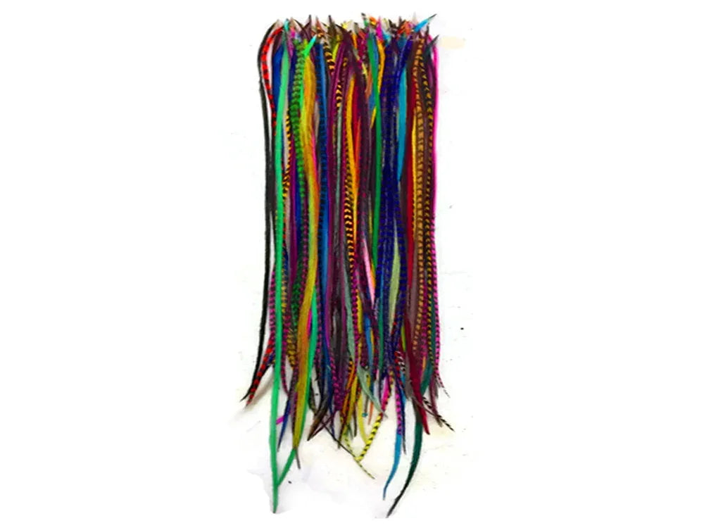 Vibrant assortment of long, multi-colored dyed feathers for DIY crafts and fashion decor.