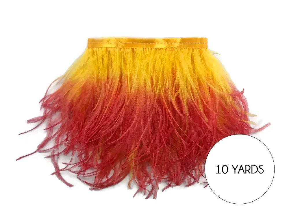 10 yards of vibrant yellow and red ombre feather trim for crafts and fashion DIY.