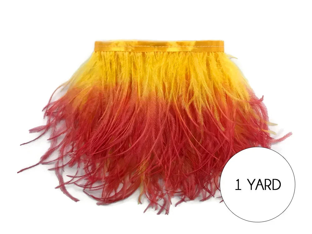 Red and yellow ombre feather trim for crafts and fashion DIY projects.