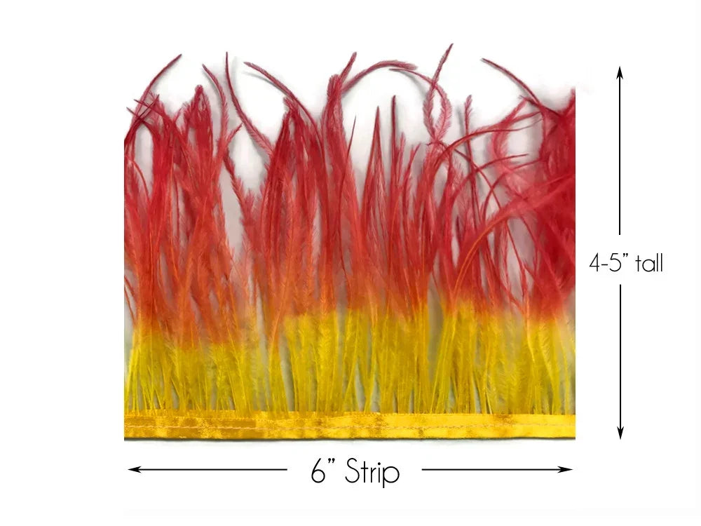 6-inch red and yellow ombre feather trim strip, 4-5 inches tall for crafts and fashion.