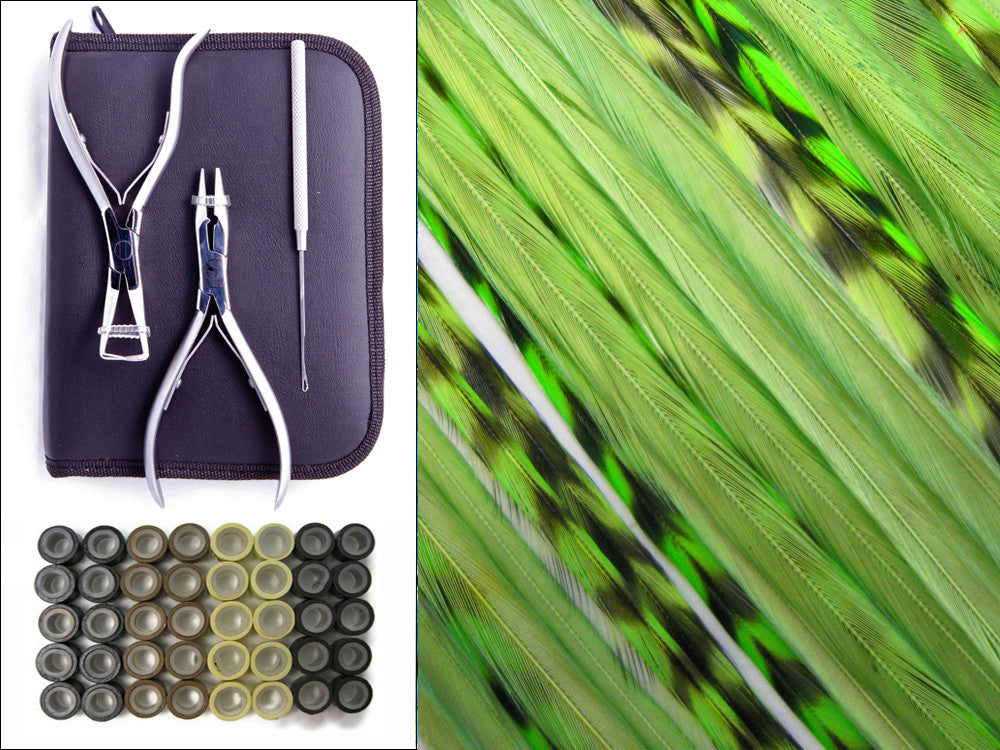 Fresh Lime Duo Pack - Hair Extension Whiting Farm Feather Stainless Tool Kit & Silicone Beads