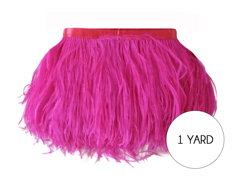One yard of vibrant hot pink ostrich feather trim for fashion and DIY crafts.