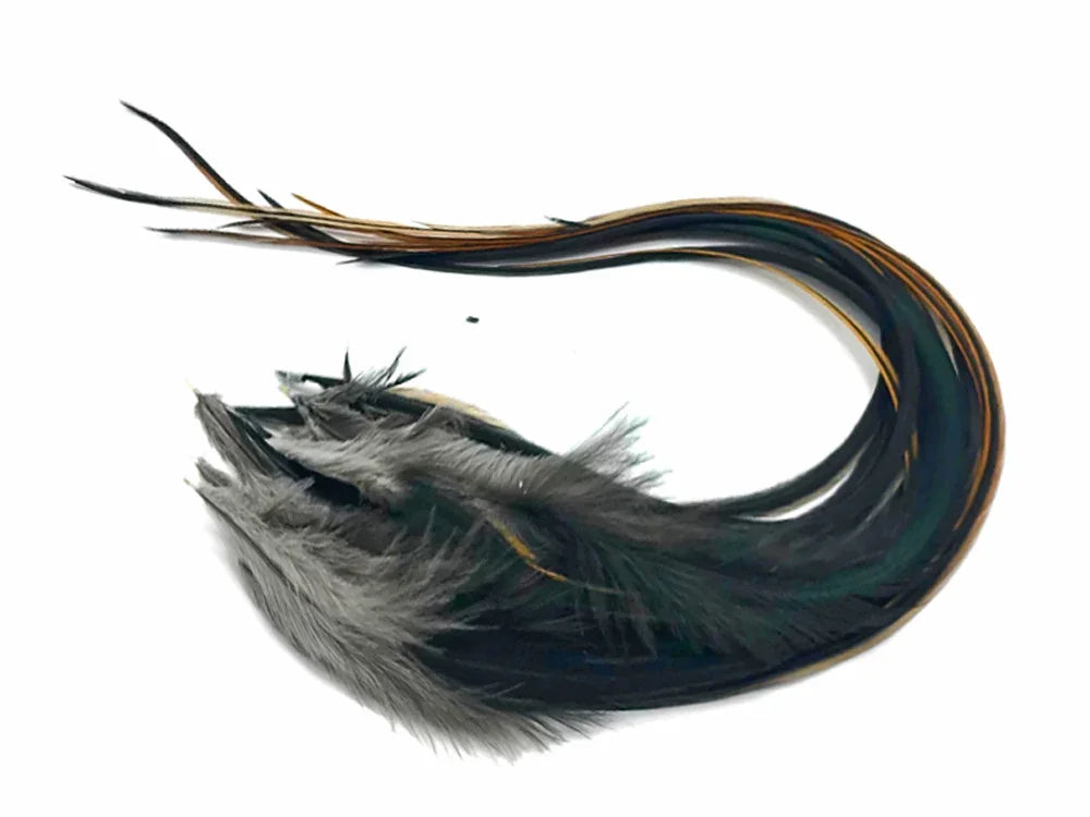 Elegant dark grey and iridescent black feathers for fashion and DIY craft projects.