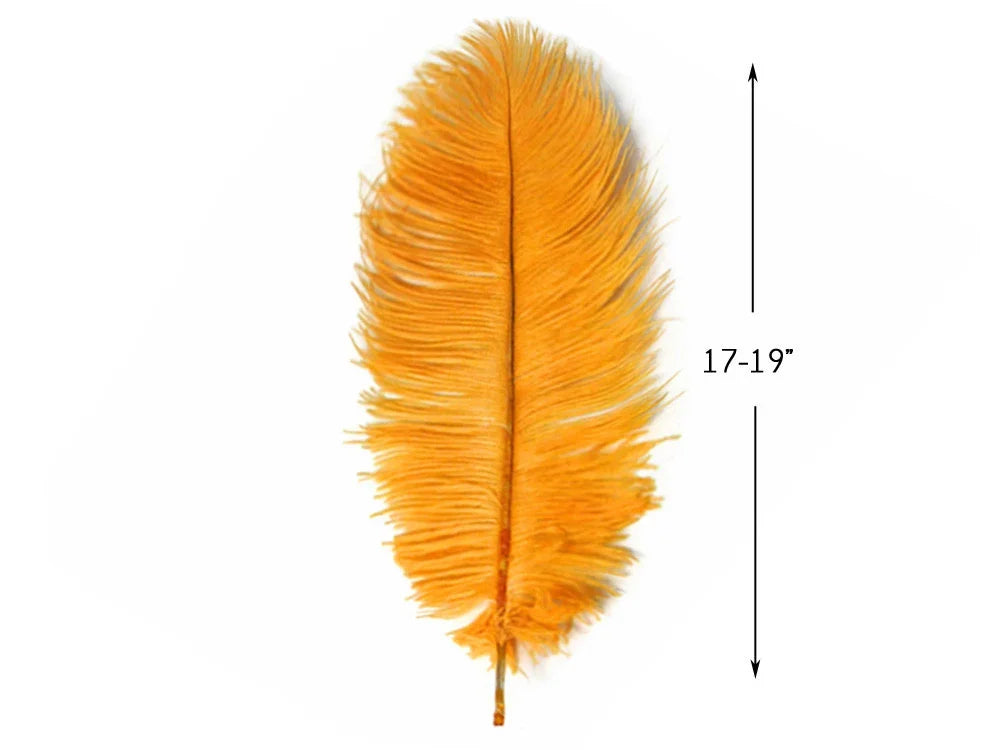 Large yellow ostrich feather for crafts and fashion decor, 17-19 inches long.